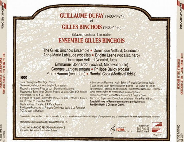 Dufay, Binchois - Triste plaisir et douleureuse joye Ensemble Gilles Binchois 1987, Harmonic - back.jpg