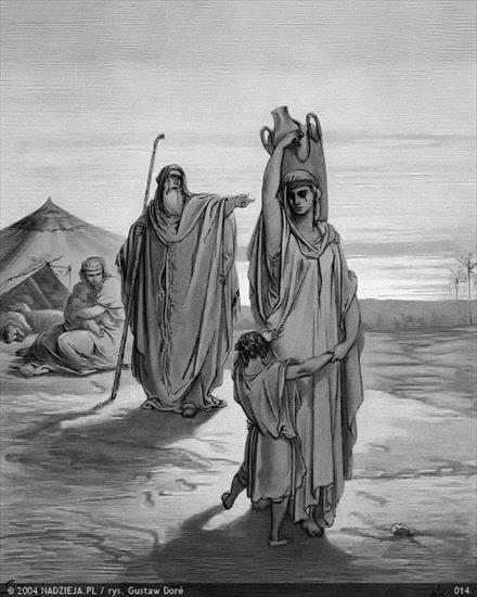 Grafiki Gustawa Dor do Biblii Jakuba Wujka - 014 Abraham wydala ze swego domu Agarę 1 Mojż. 21,14.jpg